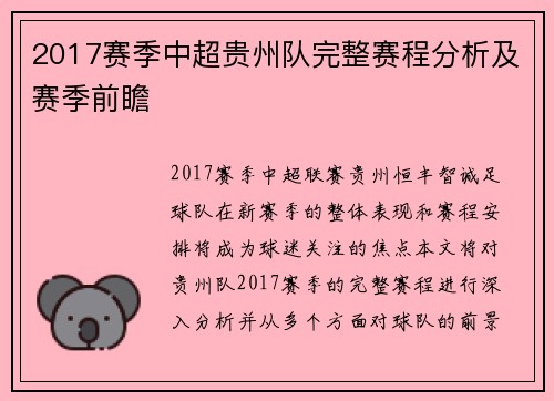 2017赛季中超贵州队完整赛程分析及赛季前瞻