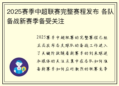 2025赛季中超联赛完整赛程发布 各队备战新赛季备受关注