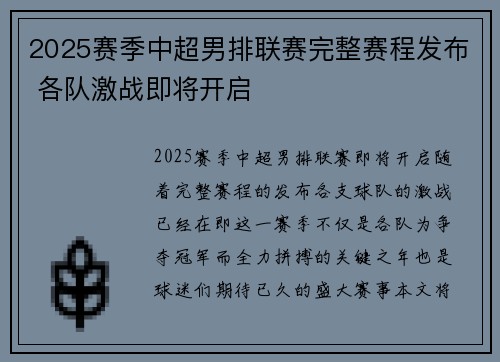 2025赛季中超男排联赛完整赛程发布 各队激战即将开启